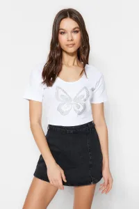 Trendyol White Stone Print Fitted/Slip-On, Crew Neck Flexible Cotton Crop Knitted Blouse