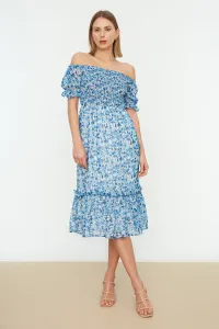 Trendyol Blue Floral Waist Opening Chiffon Lined Gimped Midi Woven Dress #4314646