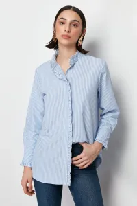 Trendyol Blue Striped Woven Shirt with Ruffle Detail on Placket and Collar