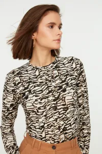 Trendyol Brown Patterned Fitted Crew Neck Crop Stretch Knitted Blouse