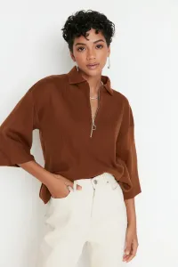 Trendyol Brown Wide Fit Zippered Basic Knitwear Sweater