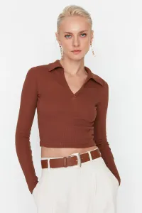 Trendyol Brown Polo Neck Ribbed Crop Knitted Blouse #756691