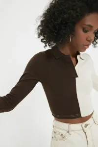 Trendyol Brown Color Block Polo Neck Ribbed Flexible Crop Knitted Blouse