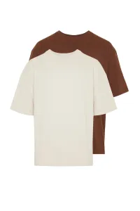 Trendyol Brown-Stone Oversize 2-Pack Basic 100% Cotton T-Shirt