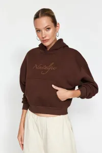 Trendyol Brown Stone Motto Printed Crop Regular/Regular Fit Hooded Knitted Sweatshirt