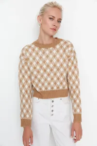 Trendyol Camel Crop mäkký textúrovaný vzorovaný pletený sveter
