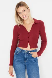 Trendyol Claret Red Button Detailed Crop Fitted Polo Neck Corduroy Knitted Stretch Blouse
