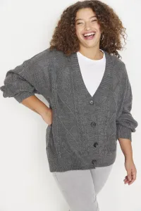 Trendyol Curve Anthracite Hair Knitting Detailed V Neck Buttoned Knitwear Cardigan