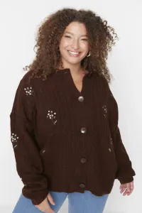 Trendyol Curve Brown Embroidery Detailed Crew Neck Knitwear Cardigan