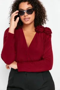 Trendyol Curve Burgundy Double Breasted Collar Accessory Bodysuit #9569511