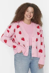 Trendyol Curve Pink Strawberry Patterned V Neck Knitwear Cardigan