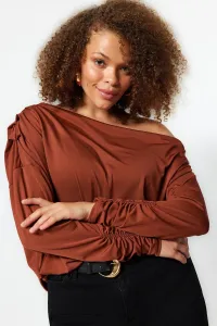 Trendyol Curve Brown Knitted Scuba Shoulder Detailed Flexible Blouse
