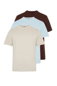 Trendyol Dark Brown-Stone-Light Blue Men's Basic Slim Fit 100% Cotton 3-Pack T-Shirt #9246876