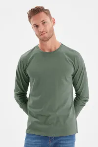 Trendyol tmavozelené pánske tričko s dlhým rukávom 100% bavlnené basic pravidelným/pravidelným strihom