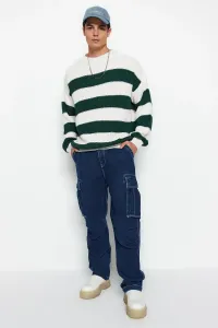 Trendyol Dark Green Men's Oversize Fit Wide Fit Crew Neck Striped Knitwear Sweater #8553170