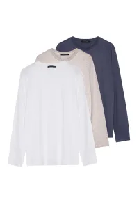 Trendyol tmavosivý-béžovo-biely pánsky pravidelný/pravidelný strih posádky krk dlhý rukáv 3-pack základné tričko #7912226