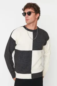 Trendyol Ecru - Anthracite Men's Oversize Fit Wide Fit Crew Neck Color Block Knitwear Sweater #5012453