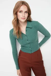 Trendyol Emerald Green Button Detailed Fitted Crop Polo Neck Ribbed Stretchy Knitted Blouse