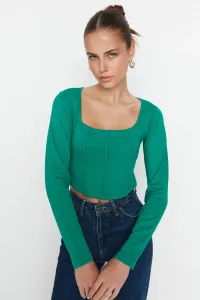 Trendyol Emerald Green Piping Detailed Square Neck Fitted/Situated Crop Interlock Knit Blouse #774300