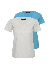 Trendyol Gray Melange-Blue Single Jersey V Neck 2-Pack Knitted T-Shirt #4870340