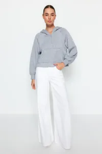 Trendyol Gray Melange Hoodie with Zipper, Relaxed-Cut Crop, Fleece Inside, Knitted Sweatshirt #8015367