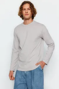 Trendyol Grey Pánske tričko základného pravidelného/pravidelného strihu so 100% bavlneným dlhým rukávom