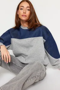 Trendyol Gray Thick Fleece Inside Denim Detailed Balloon Sleeves Oversize/Collar Knitted Sweatshirt