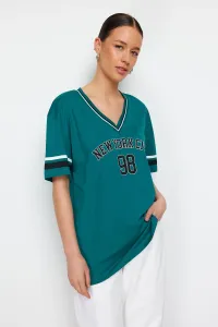 Trendyol Green 100% Cotton Knitwear Strip Detailed Slogan Printed Oversize/Wide Knitted T-Shirt #9331885