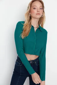 Trendyol Green Buttoned Fitted/Situated Polo Neck Crepe/Textured Crop Knitted Blouse
