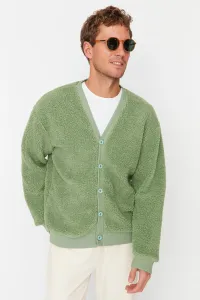 Trendyol Men's Green Relaxed Fit V-Neck Buttoned Plush Thick Cardigan