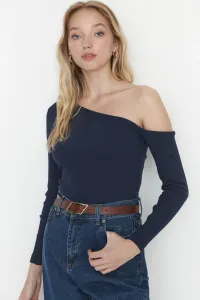 Trendyol Indigo Fitted Asymmetrical Collar Off-Shoulder Corduroy, Flexible Knitted Blouse