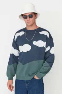 Trendyol Indigo Men's Oversize Fit Crew Neck Landscape Patterned Knitwear Sweater