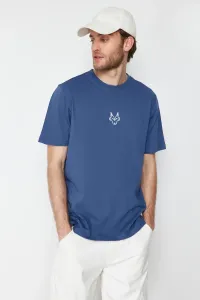 Trendyol Indigo Men's Regular/Normal Cut Wolf Embroidered 100% Cotton T-Shirt