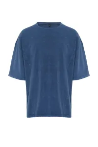 Trendyol Indigo Oversize/Wide Cut 100% Cotton T-shirt with Stitching Detail and Faded Effect