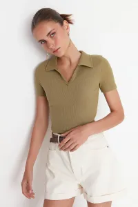 Trendyol Khaki Fitted Crop Polo Neck Corduroy Knitted Blouse with a Stretch #5035980