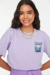 Trendyol Lilac 100% Cotton Monet Licensed Printed Boyfriend Crewneck Knitted T-Shirt