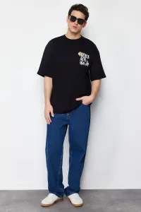 Trendyol Men's Black Oversize/Wide-Fit Chicago City Printed 100% Cotton Short Sleeve T-Shirt
