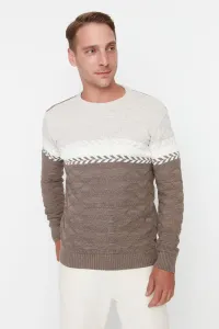 Trendyol Mink Men Slim Fit Crew Neck Color Block Jacquard Detailed Knitwear Sweater