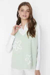 Trendyol Mint Flower Patterned V-Neck Knitwear Sweater