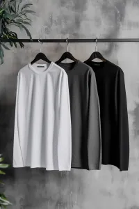 Trendyol antracitovo-bielo-čierne pánske tričko s dlhým rukávom bežného/normálneho strihu 3-pack základné tričko zo 100% bavlny