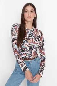 Trendyol Multi Color Drop Detail Stand Up Collar Printed Crop Knitted Blous