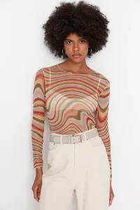 Trendyol Multi-colored Printed Crew Neck Long Sleeve Fitted/Situated Elastic Tulle Knitted Blouse