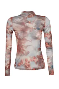 Trendyol Multi-colored Angel Print Standing Collar Tulle Fitted/Slitter Knitted Blouse #8011769