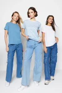 Trendyol 3-Pack White-Blue-Blue Striped Basic Crew Neck Knitted T-Shirt
