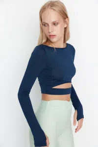 Trendyol Dark Navy Blue Crop Window/Cut Out and Thumb Hole Detail Sports Top/Blouse