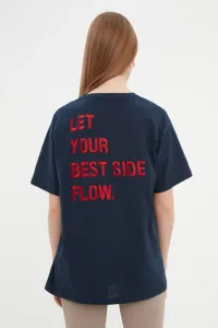 Trendyol Navy Blue 100% Cotton Slogan Embroidered Back Boyfriend Fit Crew Neck Knitted T-Shirt #4324307