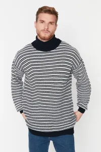 Trendyol Navy Blue Oversize Fit Turtleneck Striped Knitwear Sweater