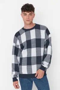 Trendyol Navy Blue Men's Oversize Fit Wide Fit Crew Neck Checked Patterned Knitwear Sweater #4364638