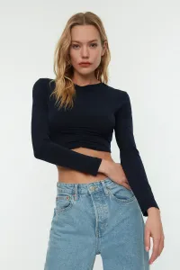 Trendyol Navy Blue Slim Shirring Detailed Crop, Stretchy Knitted Blouse #822514