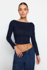 Trendyol Navy Blue Stitch Detail Carmen Collar Fitted/Situated Ribbed Knitted Blouse